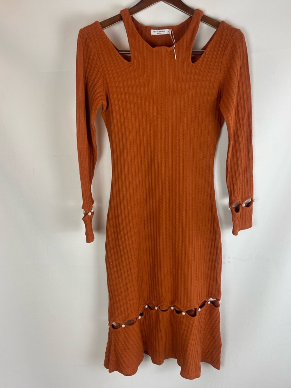 Petite Studio Ribbed Knit Midi Dress Rust Orange Pearl Detail Size Small - Picture 2 of 11